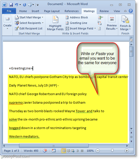 Posnetek zaslona Outlook 2010 – napišite vsebino množične e-pošte