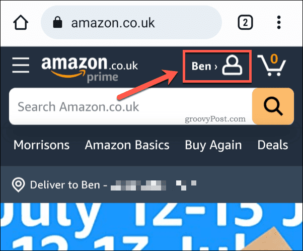 Tapnite ikono profila Amazon