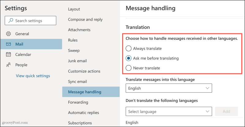 Nastavitve prevajanja v Outlooku v spletu