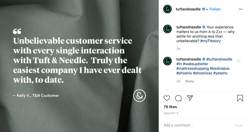grafika ponudbe strank iz računa Tuft and Needle Instagram