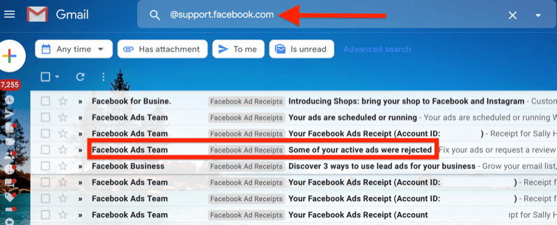 primer gmailovega filtra za @ support.facebook.com, da izolira vsa e-poštna obvestila o facebook oglasih