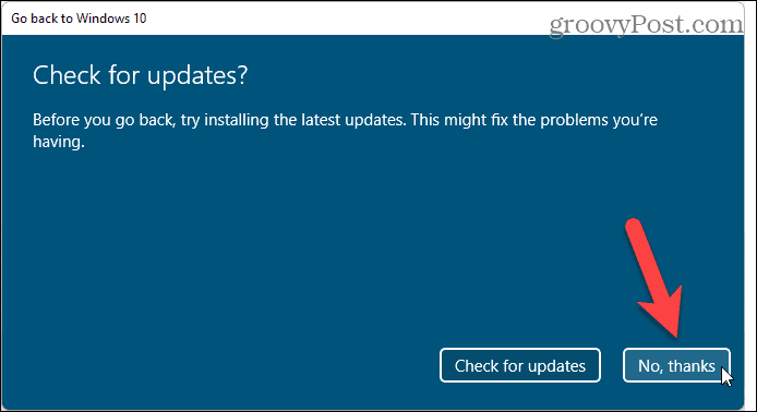 Pri vrnitvi iz sistema Windows 11 v sistem Windows 10 izberite, da ne preverjate posodobitev