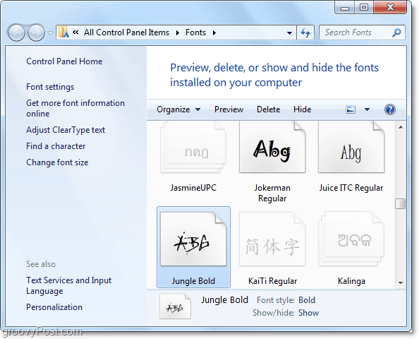 s pregledom nadzorne plošče pisav Windows 7