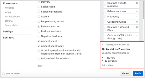 facebook upravitelj oglasov prilagodi stolpce klikni in si oglej konverzije