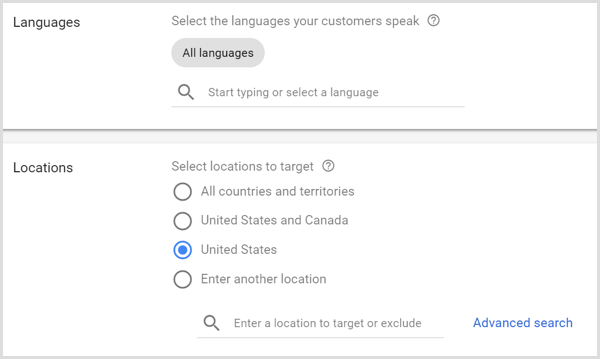Nastavitve jezikov in lokacij za oglaševalsko akcijo Google AdWords.