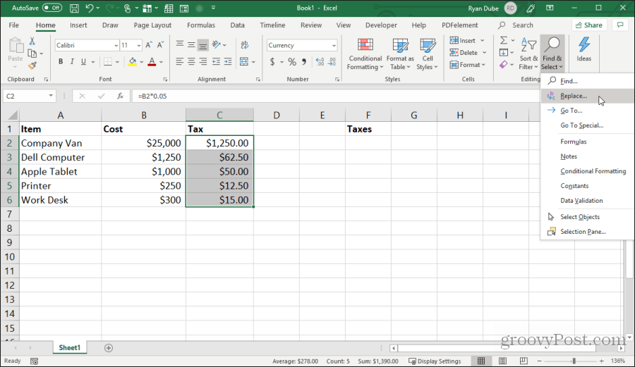 zamenjava znakov formule v Excelu