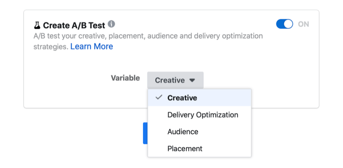 nastavitev preizkusa facebook ad / b, ki prikazuje različne možnosti kreativnosti, optimizacije dostave, občinstva in umestitve