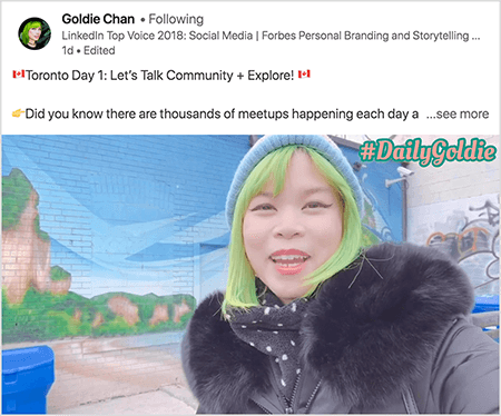 To je posnetek zaslona videoposnetka LinkedIn, v katerem Goldie Chan dokumentira svoja potovanja. Besedilo nad videoposnetkom pravi: "Toronto Day 1: Let