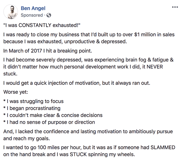 Kako napisati in strukturirati besedila, ki jih sponzorira Facebook, v daljši obliki, korak 1, primer izjave v ozadju, Ben Angel