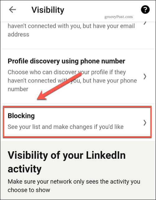 Meni z nastavitvami za blokirane uporabnike LinkedIn