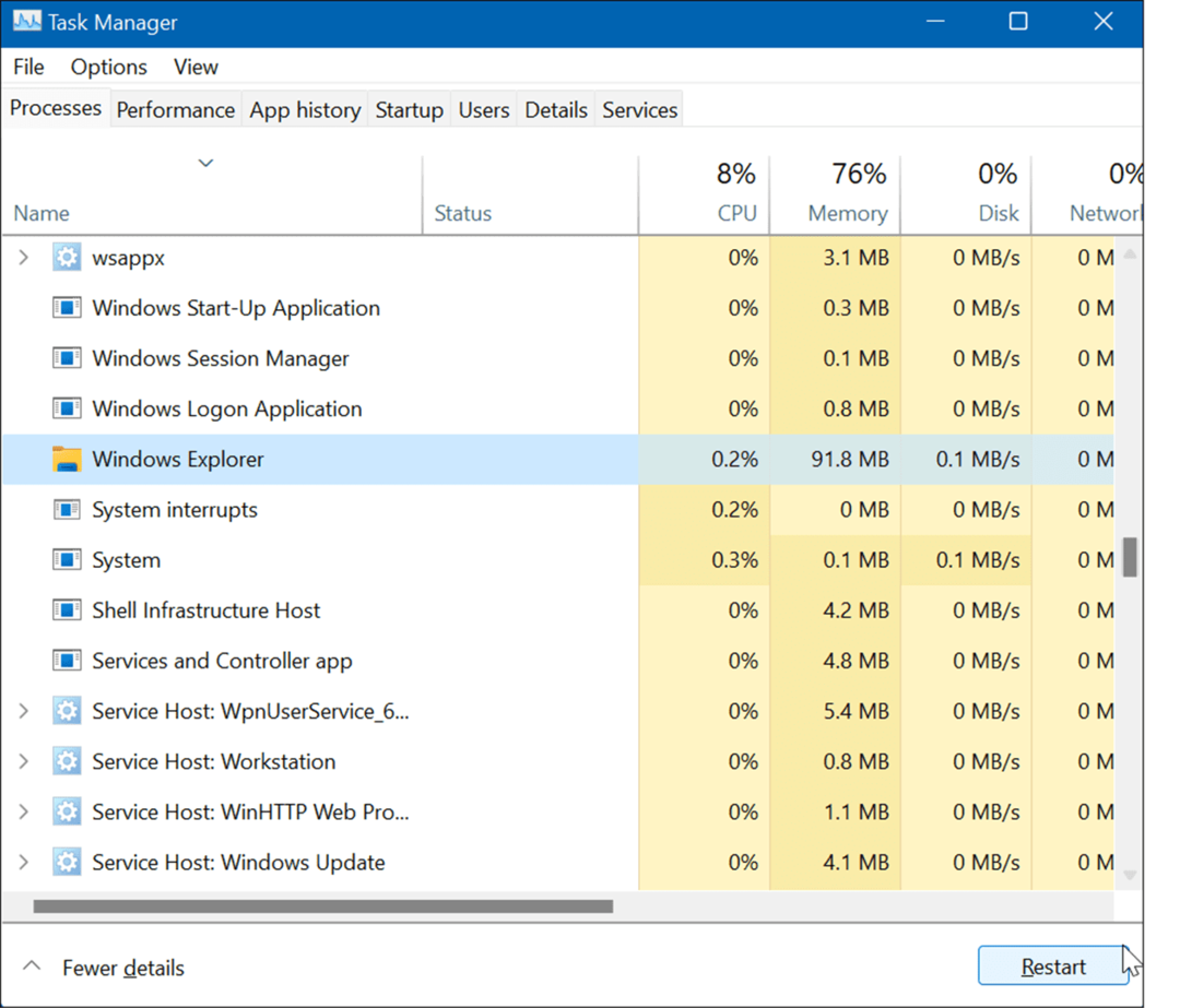 Znova zaženite Windows Explorer, ponastavite nastavitve opravilne vrstice v sistemu Windows 11