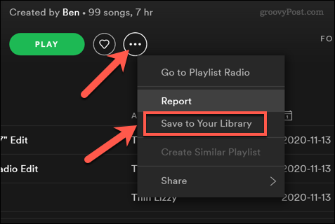 Shranjevanje seznama predvajanja Spotify v uporabniško knjižnico