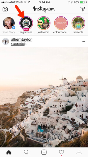 Trenutne oddaje v živo v Instagramu so jasno označene na vrhu zavihka Domov.