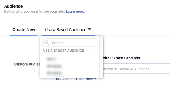 Možnost uporabe shranjene ciljne skupine za vodilno oglaševalsko akcijo na Facebooku.