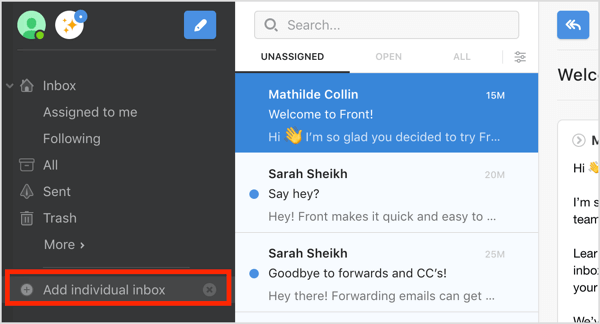 Na nadzorni plošči aplikacije Front dodajte možnost Individual Inbox