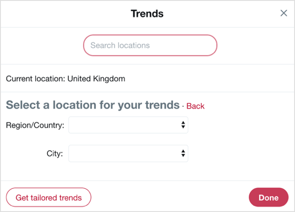 S trendi Twitterja izberite državo in mesto, na katerega se želite osredotočiti.