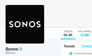 Račun za Sonos Twitter je preverjen in prikazuje modro značko s Twitterjem.