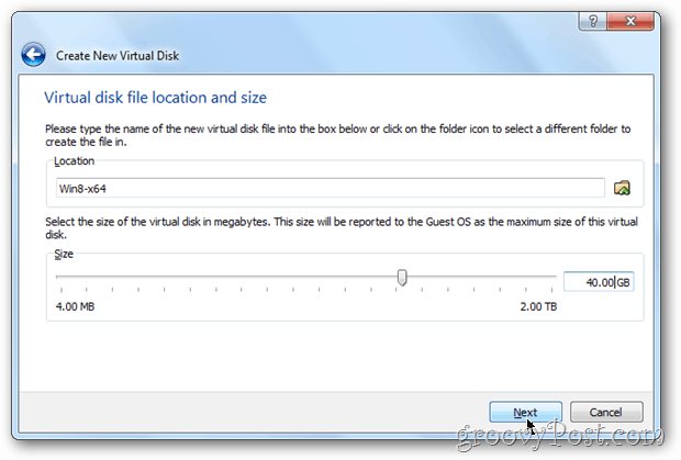 Konfiguracijska velikost diska VirtualBox v oknu 8