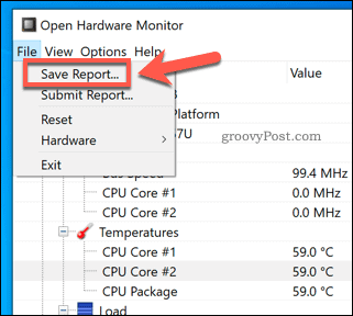Shranjevanje poročila Open Hardware Monitor
