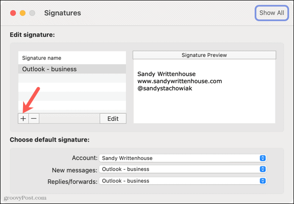 Dodajte nov podpis v Outlook za Mac