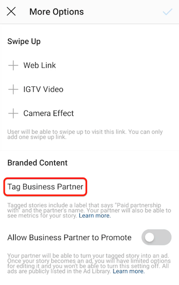 Možnost oznake poslovnega partnerja za Instagram Stories