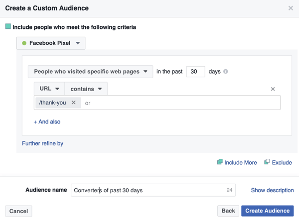 Če želite ustvariti Facebook občinstvo po meri preteklih kupcev, dodajte URL strani z zahvalo.