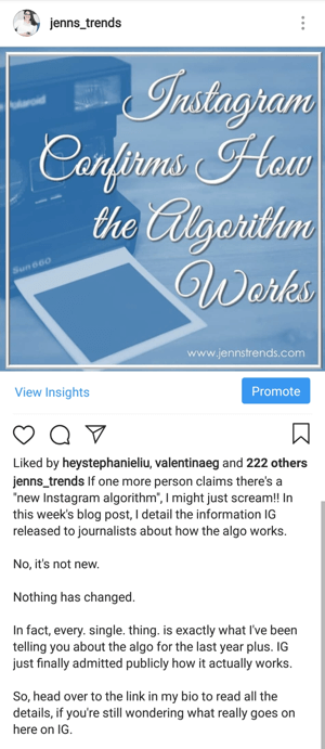 Instagram objava s pozivom k akciji za klik na bio povezavo, ki jo je objavil @jenns_trends.