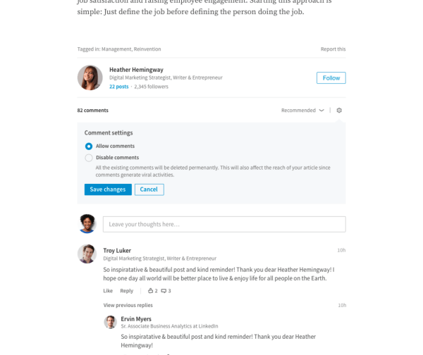LinkedIn je založnikom omogočil neposredno upravljanje komentarjev na njihove članke v dolgi obliki.