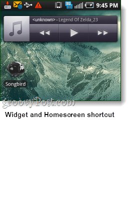 widget songbird android in posnetek zaslona bližnjice