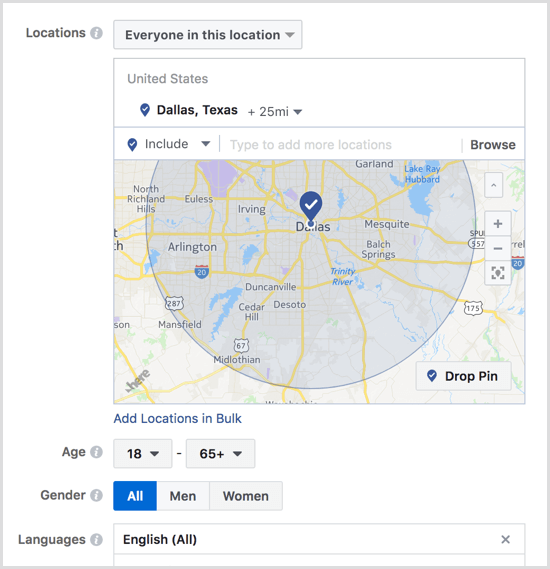 Facebook ustvari lokacije oglaševalskih akcij