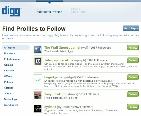 Nova prijava v Digg - 1. korak - Poiščite profile