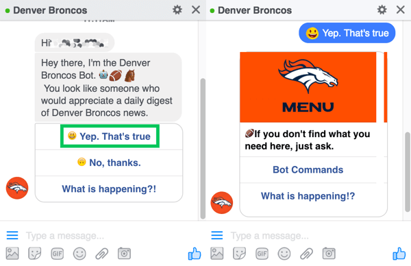 Klepet Denver Broncos poziva uporabnike, da se prijavijo za svoj dnevni pregled.