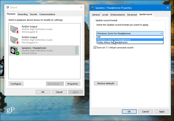 Nastavitev prostorskega zvoka za Windows 10