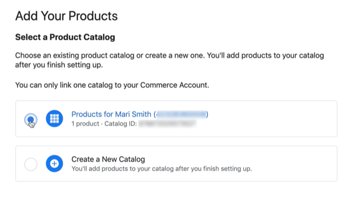 možnost kataloga izdelkov facebook za povezavo obstoječega ali novega kataloga