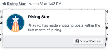 Kako uporabljati funkcije skupin Facebook, primer značke skupine Rising Star