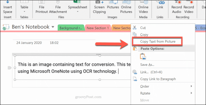 Kopiranje besedila s slik v programu Microsoft OneNote