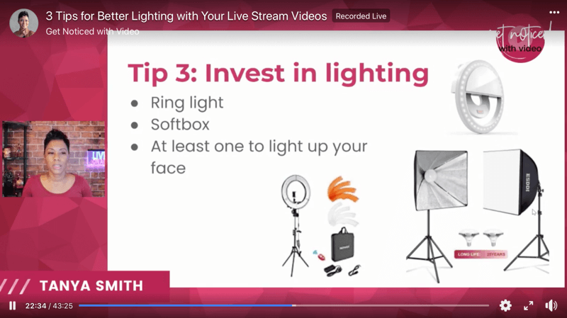posnetek zaslona nasvetov za video osvetlitev za izboljšanje oddaj v živo