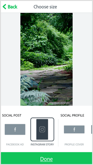 Izberite velikost z mobilno aplikacijo Adobe Spark Post.