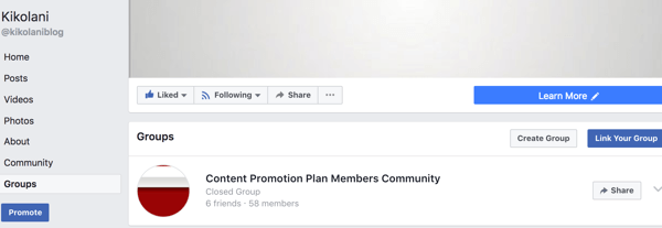 Vaša povezana skupina bo prikazana na zavihku Skupine na vaši Facebook strani.