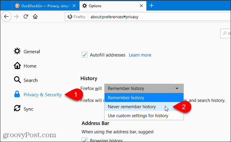 Izberite Nikoli ne zapomni zgodovine v Firefoxu