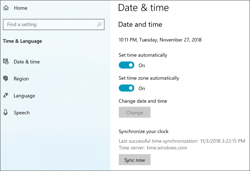 Nastavitve ure sinhronizacije Windows 10 19H1