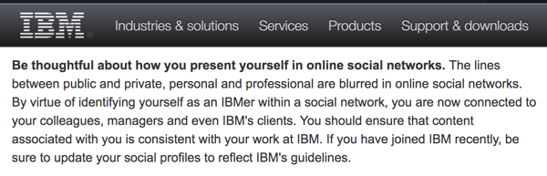 IBM-ove smernice za socialno računalništvo zaposlene opozarjajo, da zastopajo podjetje tudi na svojih osebnih računih.
