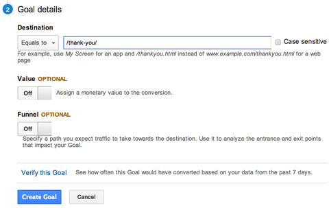 cilj URL naslova Google Analytics