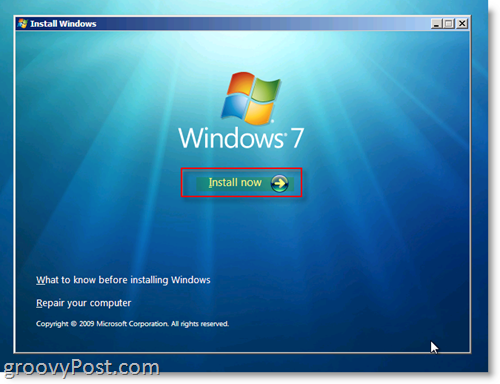 Meni za namestitev sistema Windows 7