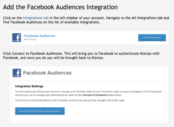 Klaviyova integracija Facebook Audiences je enostavna za uporabo.