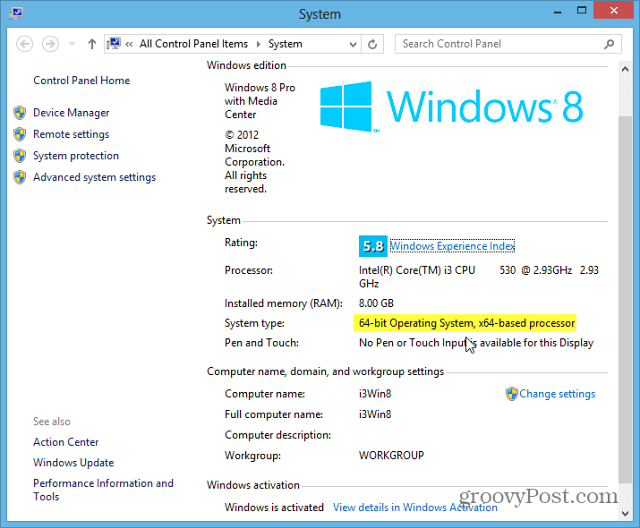 Tip sistema Windows 8