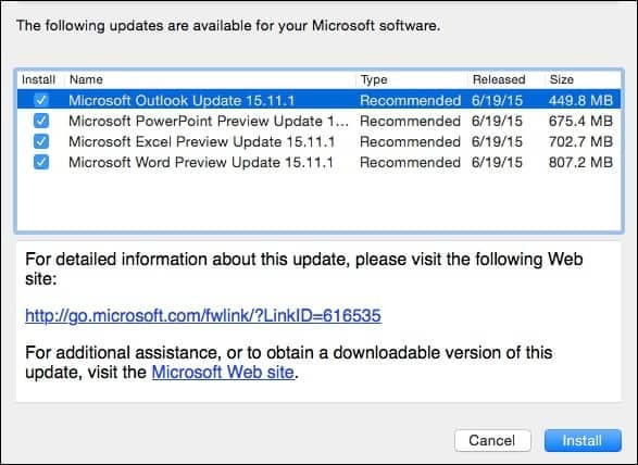 Microsoft Office 2016 za Mac predogled posodobitve KB3074179