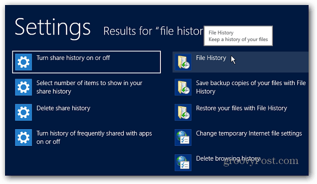 Nastavitve zgodovine datotek Iskanje Windows 8