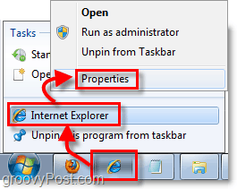 kako priti do lastnosti bližnjice za pripete bližnjice opravilne vrstice v operacijskem sistemu Windows 7