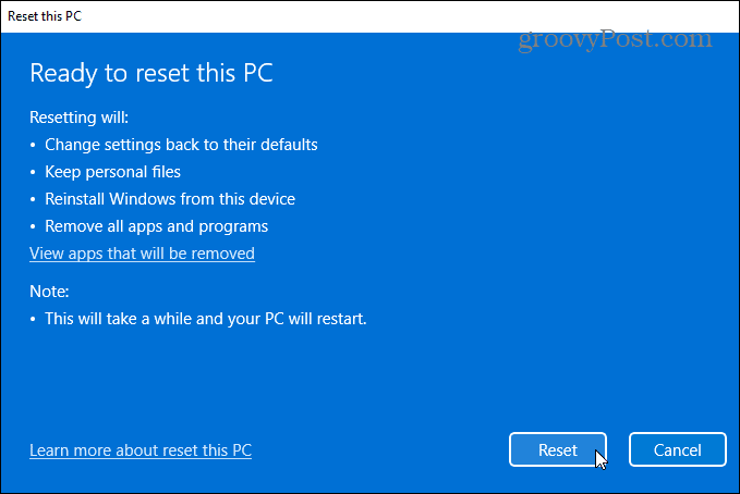 pripravljen za ponastavitev Windows 11 PC